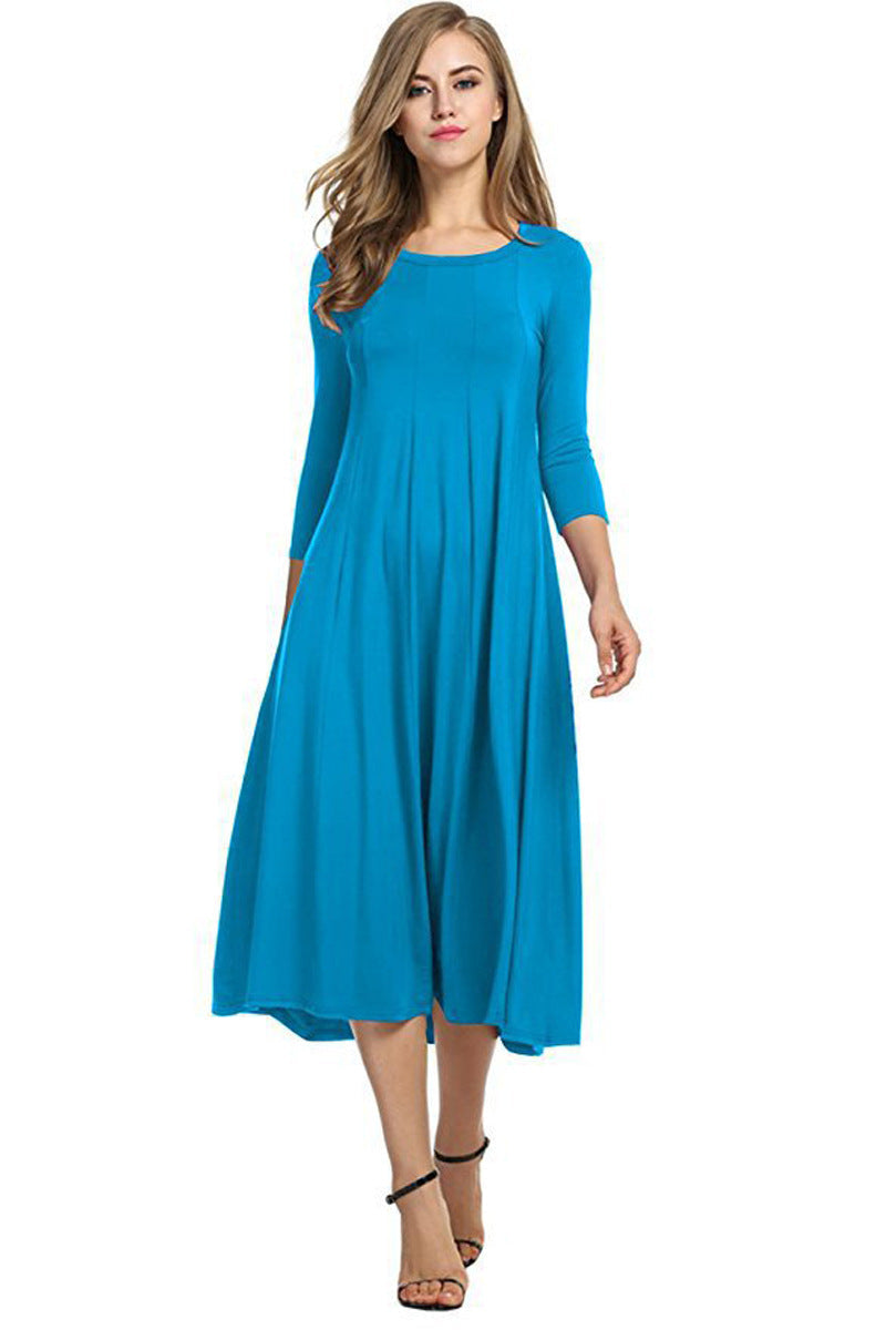 Quadrat-Ausschnitt 3/4-Lange Uni-Farbe Midi-Kleid