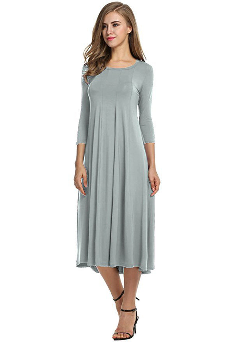 Quadrat-Ausschnitt 3/4-Lange Uni-Farbe Midi-Kleid