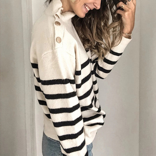 Damen lässiger Pullover mit modernem Stehkragen und dekorativen Knöpfen