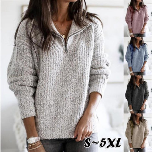 Damen nan grober Strickpullover mit halbem Reißverschluss, Stehkragen und relaxed Fit Shop Nory