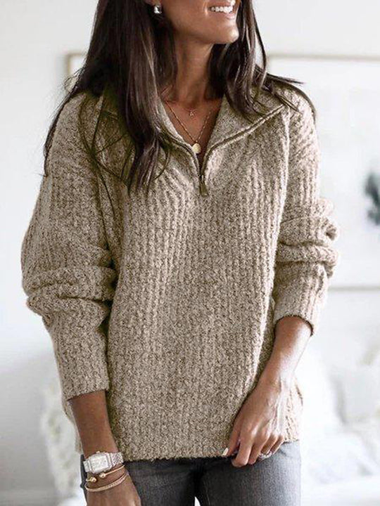 Damen nan grober Strickpullover mit halbem Reißverschluss, Stehkragen und relaxed Fit Shop Nory