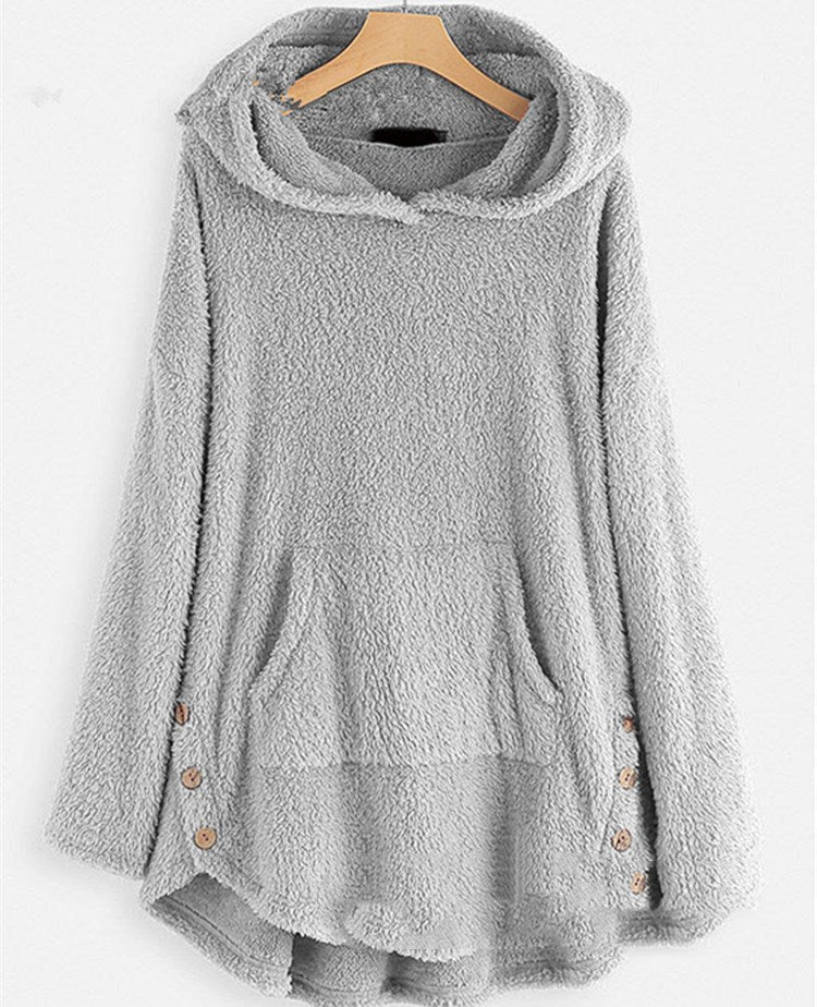 Damen nan kuscheliger Teddy-Kapuzenpullover mit Kängurutasche, Knopfleiste an den Seiten und abgerundetem Saum Shop Nory