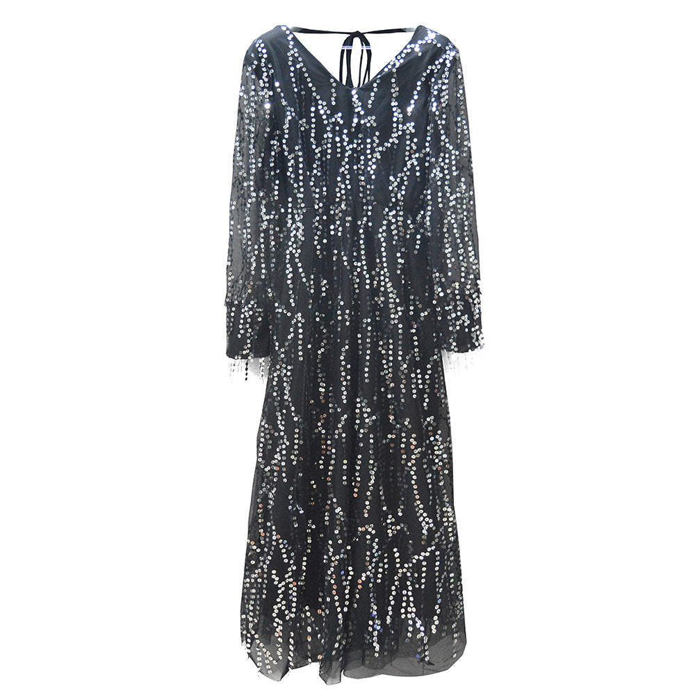 Damen Festliches Maxikleid mit funkelndem Paillettenbesatz und transparenten Ärmeln