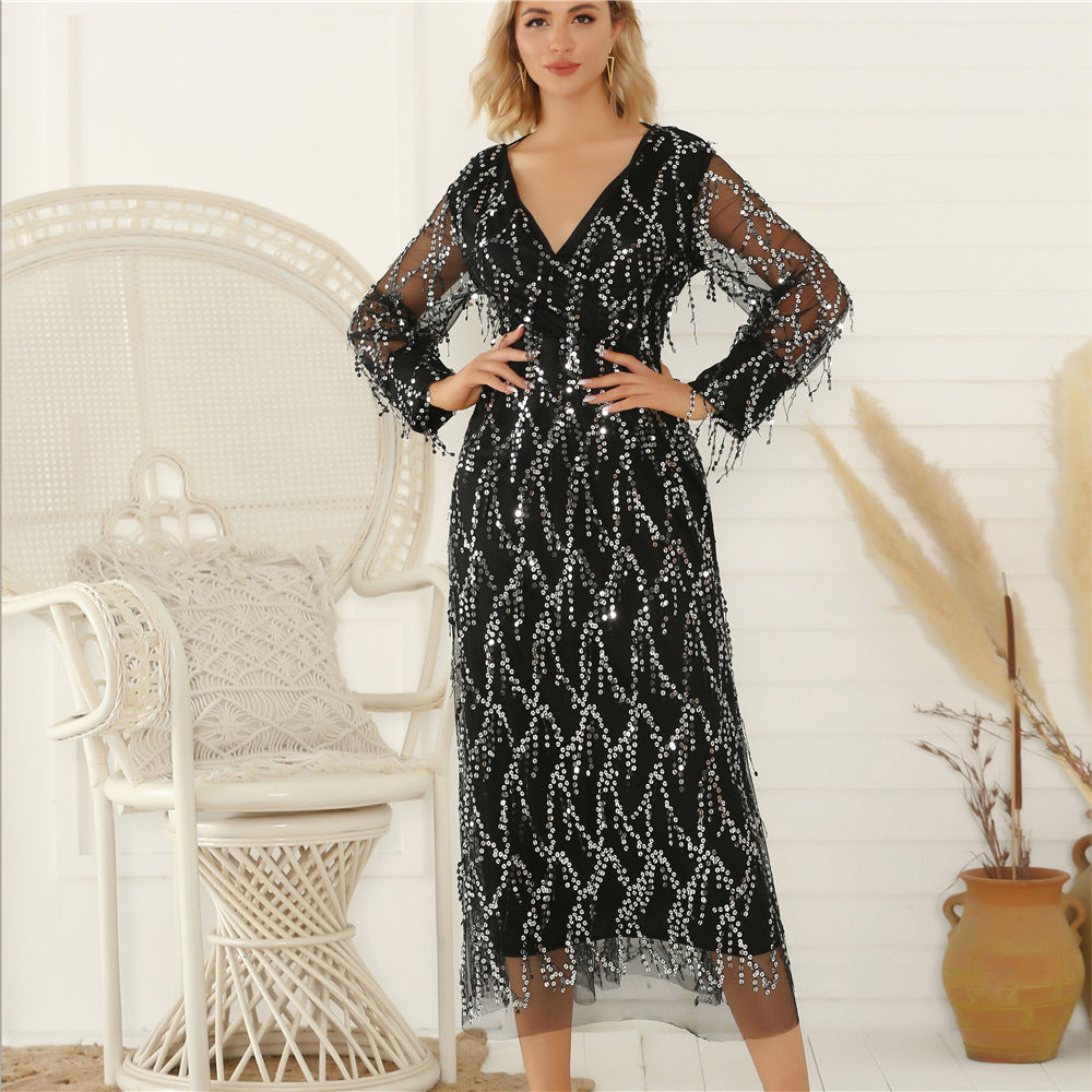Damen Festliches Maxikleid mit funkelndem Paillettenbesatz und transparenten Ärmeln