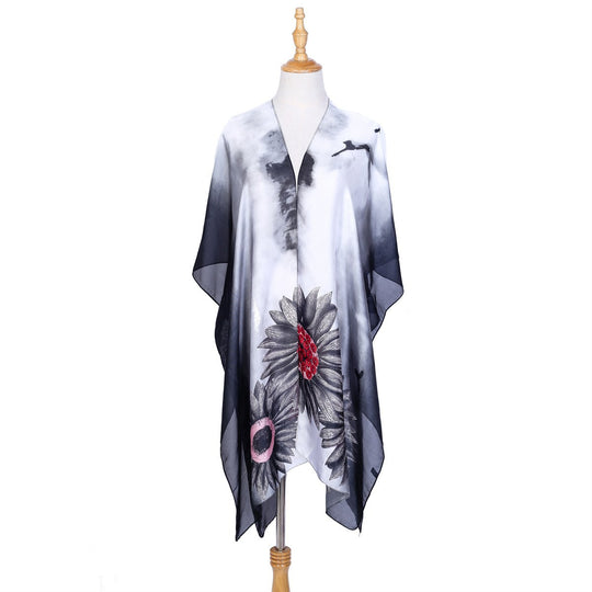Damen Seidenähnlicher Kaftan-Überwurf mit großflächigem Sonnenblumenprint Shop Nory