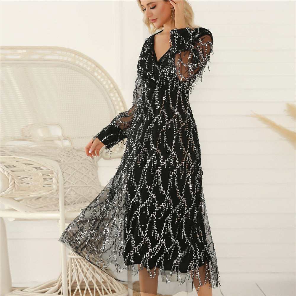 Damen Festliches Maxikleid mit funkelndem Paillettenbesatz und transparenten Ärmeln