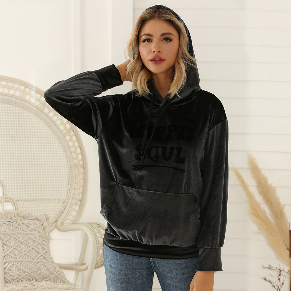 Damen Samt-Hoodie mit Kapuze, Kängurutasche & samtigem Logoprint Shop Nory