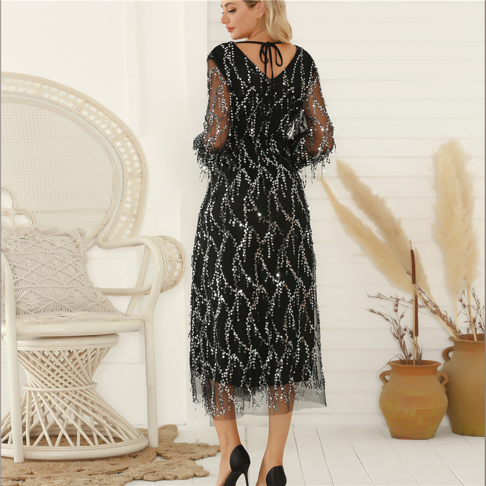 Damen Festliches Maxikleid mit funkelndem Paillettenbesatz und transparenten Ärmeln