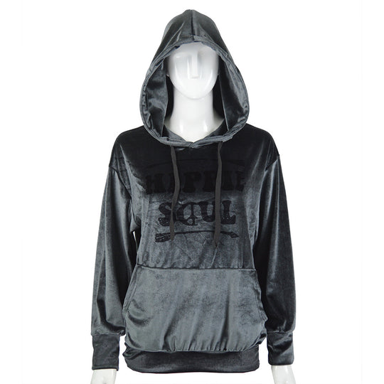 Damen Samt-Hoodie mit Kapuze, Kängurutasche & samtigem Logoprint Shop Nory