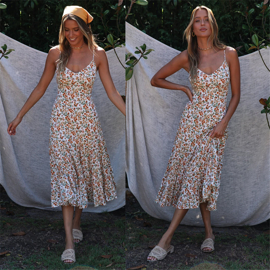 Damen Midi-Kleid mit floralen Rüschen und schwingendem Rock Shopnory