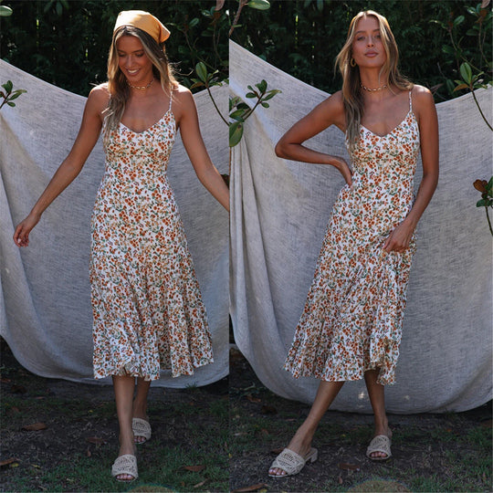 Damen Midi-Kleid mit floralen Rüschen und schwingendem Rock Shopnory