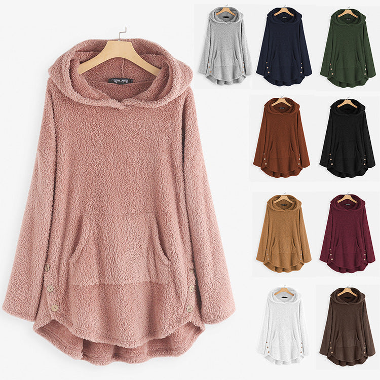 Damen nan kuscheliger Teddy-Kapuzenpullover mit Kängurutasche, Knopfleiste an den Seiten und abgerundetem Saum Shop Nory