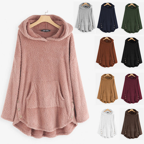Damen nan kuscheliger Teddy-Kapuzenpullover mit Kängurutasche, Knopfleiste an den Seiten und abgerundetem Saum Shop Nory