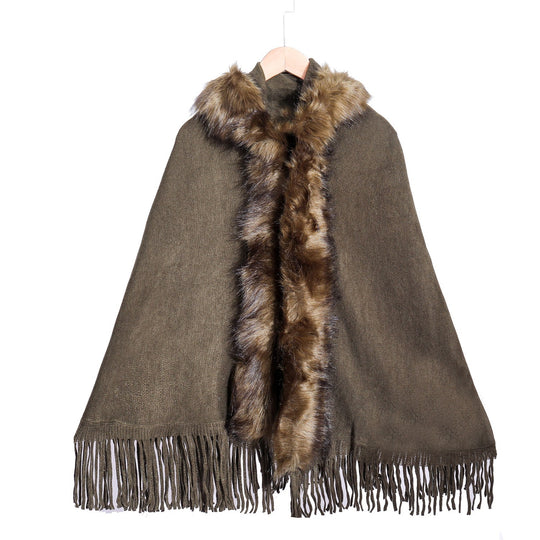 Damen Eleganter Wollmix-Umhangponcho mit abnehmbarem Kunstfellbesatz und Fransensaum Shop Nory