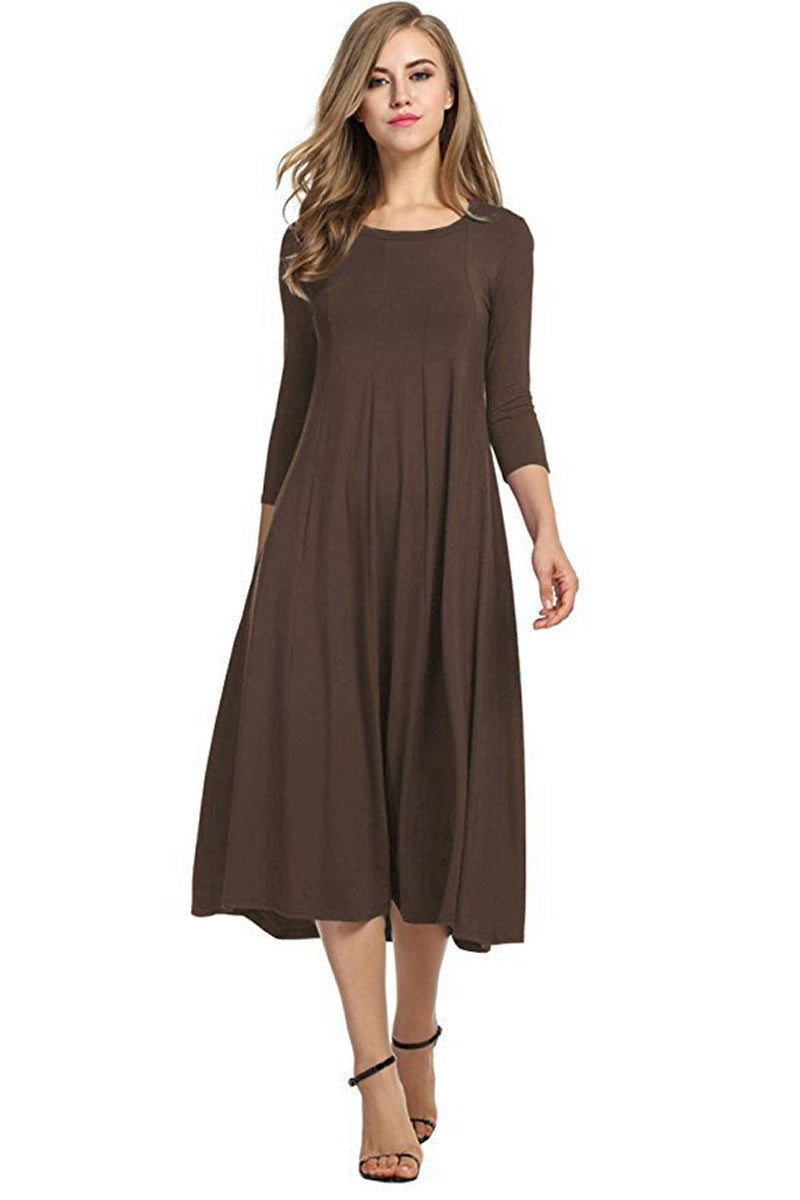 Quadrat-Ausschnitt 3/4-Lange Uni-Farbe Midi-Kleid