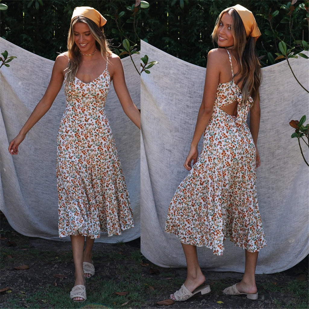 Damen Midi-Kleid mit floralen Rüschen und schwingendem Rock Shopnory
