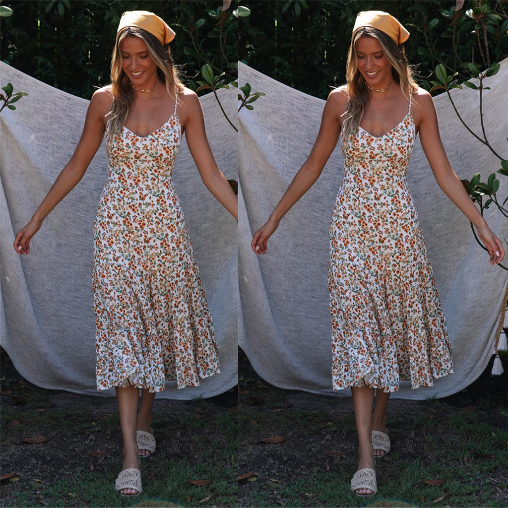 Damen Midi-Kleid mit floralen Rüschen und schwingendem Rock Shopnory