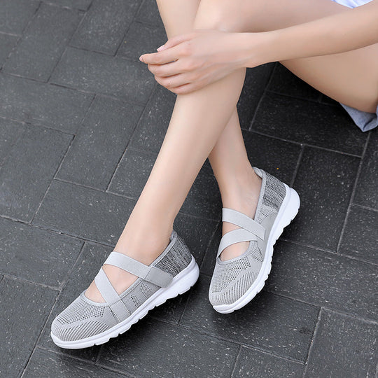 Damen nan atmungsaktive Strick-Ballerina mit verstellbarem Klettverschluss und dämpfender Laufsohle