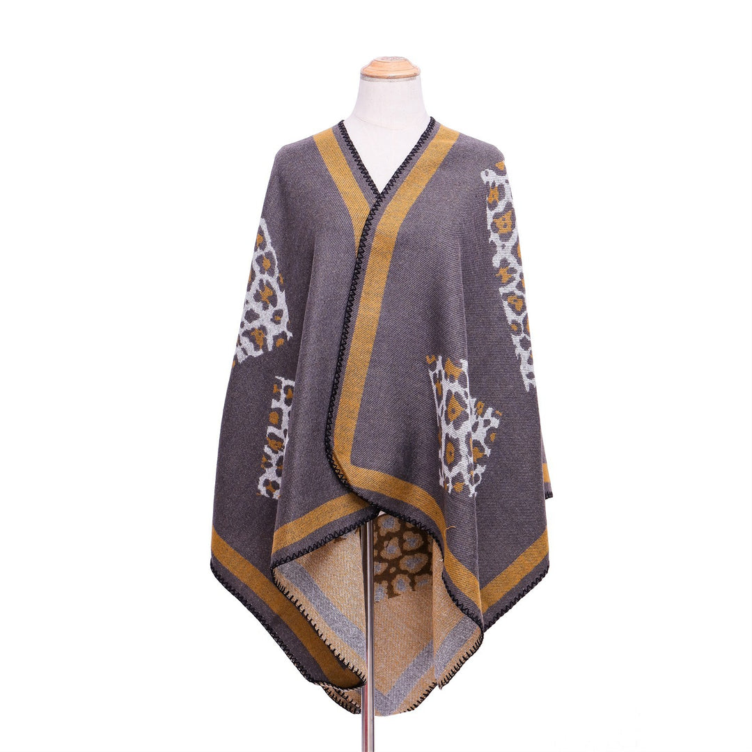 Damen Wolloptik-Kimono-Ruana mit Leopardenjacquard und kontrastierter Bordüre Shop Nory