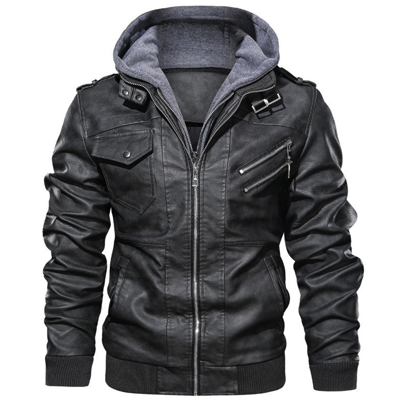 Herren Kunstleder-Bomberjacke mit Kapuzen-Inlay, Zip-Taschen und Schulterklappen Shop Nory