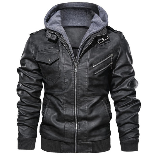 Herren Kunstleder-Bomberjacke mit Kapuzen-Inlay, Zip-Taschen und Schulterklappen Shop Nory
