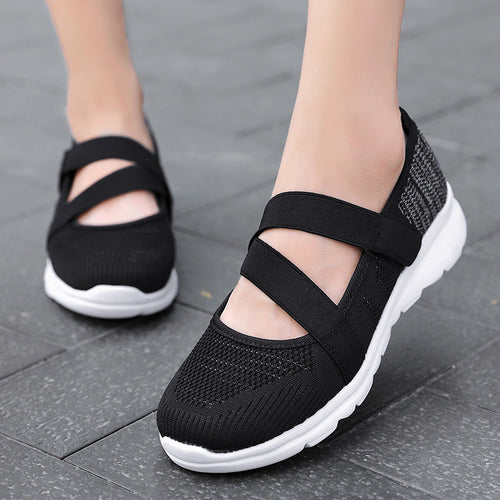 Damen nan atmungsaktive Strick-Ballerina mit verstellbarem Klettverschluss und dämpfender Laufsohle