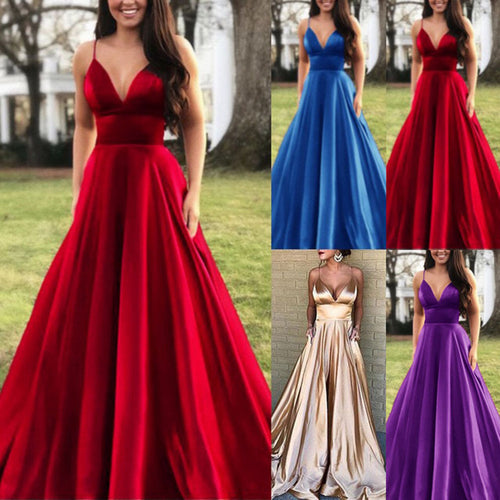Damen A-Linien Abendkleid mit tiefem Ausschnitt und schmalen Trägern