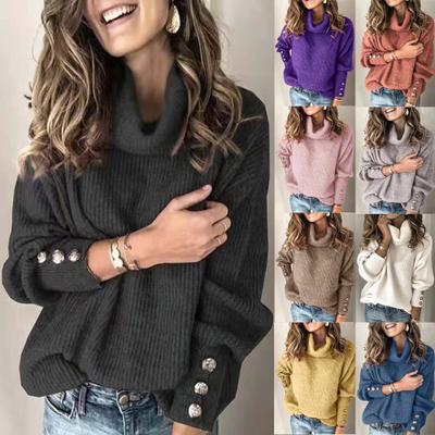 Damen Grobstrick-Rollkragenpullover mit Zierknopf-Ärmeln und lässiger Oversize-Passform Shop Nory