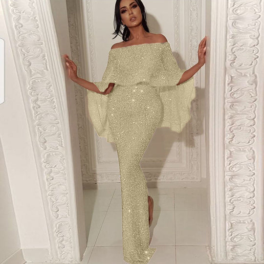 Damen Abend-Jumpsuit mit schulterfreiem Cape-Einsatz und glitzerndem Stretchstoff Shop Nory