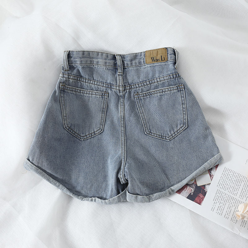 Damen High-Waist Denim-Shorts mit umschlagbarem Saum und elastischem Bund