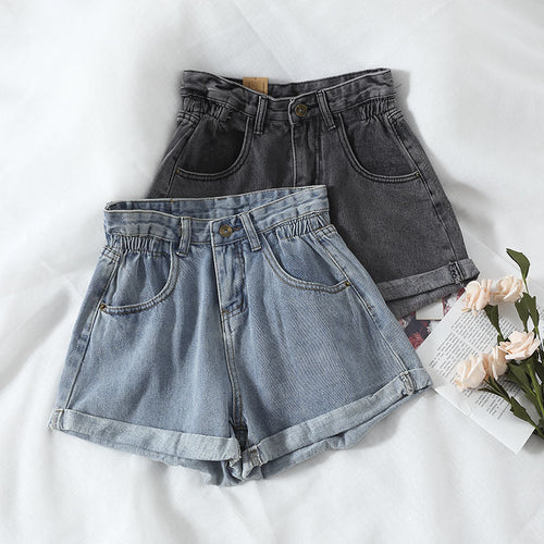 Damen High-Waist Denim-Shorts mit umschlagbarem Saum und elastischem Bund