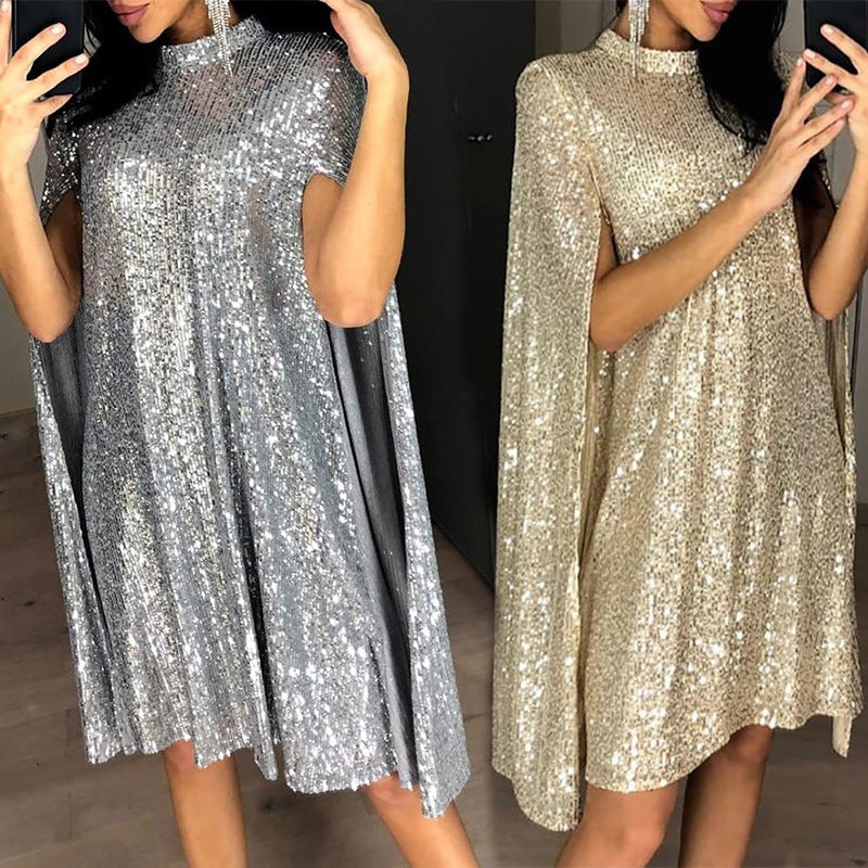 Damen Pailletten-Kleid mit funkelndem Cape-Design und elegantem Schnitt