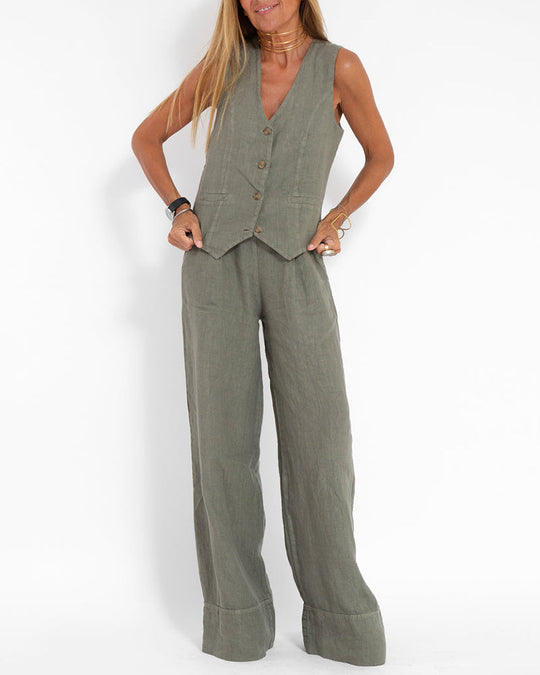 Elegantes 2-Teiliges Set Leinen Weite Hose & Weste