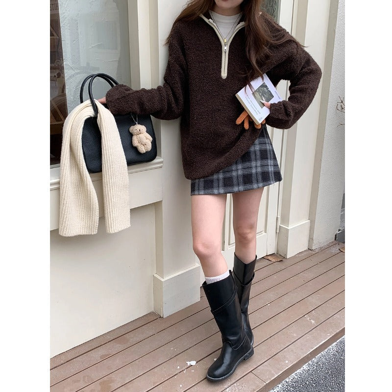 Lässiger Strickpullover mit Reißverschluss und Fleece-Optik