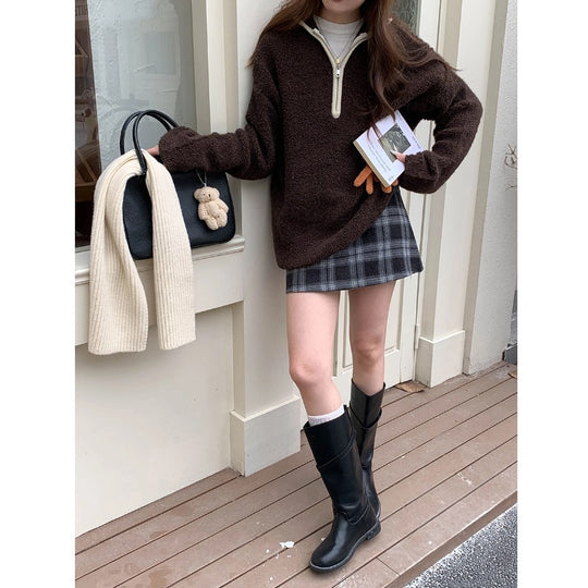 Lässiger Strickpullover mit Reißverschluss und Fleece-Optik
