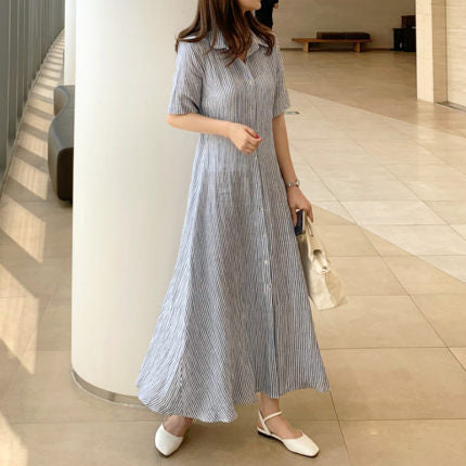 Damen Gestreiftes Hemdblusenkleid Maxi mit Kentkragen und seitlichem Beinschlitz Shop Nory