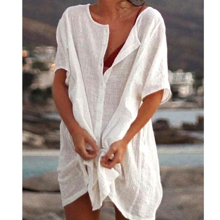 Damen Lässiges Strandkleid aus Leinen mit Knopfleiste und seitlichen Schlitzen