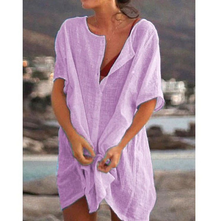 Damen Lässiges Strandkleid aus Leinen mit Knopfleiste und seitlichen Schlitzen