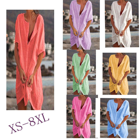 Damen Lässiges Strandkleid aus Leinen mit Knopfleiste und seitlichen Schlitzen