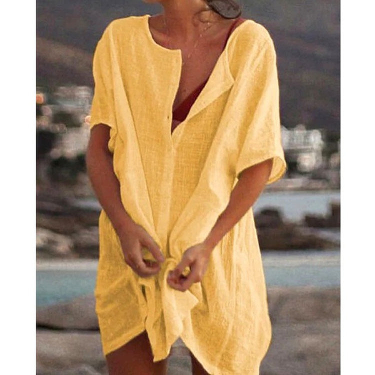 Damen Lässiges Strandkleid aus Leinen mit Knopfleiste und seitlichen Schlitzen