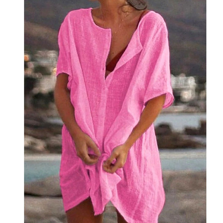Damen Lässiges Strandkleid aus Leinen mit Knopfleiste und seitlichen Schlitzen