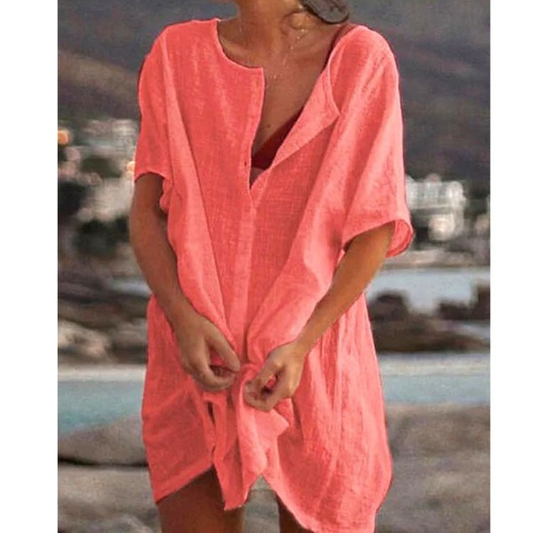 Damen Lässiges Strandkleid aus Leinen mit Knopfleiste und seitlichen Schlitzen