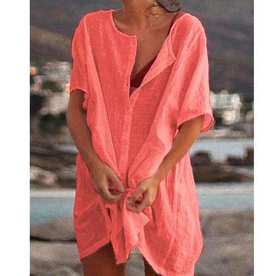 Damen Lässiges Strandkleid aus Leinen mit Knopfleiste und seitlichen Schlitzen