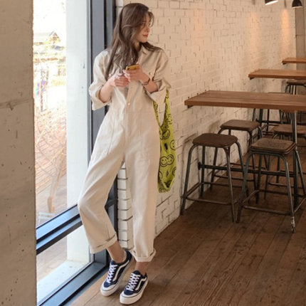 Damen Lockere Utility-Hemdoverall aus Baumwollmischung mit Hemdkragen und aufgesetzten Taschen Shop Nory