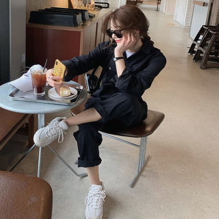 Damen Lockere Utility-Hemdoverall aus Baumwollmischung mit Hemdkragen und aufgesetzten Taschen Shop Nory