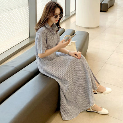Damen Gestreiftes Hemdblusenkleid Maxi mit Kentkragen und seitlichem Beinschlitz Shop Nory