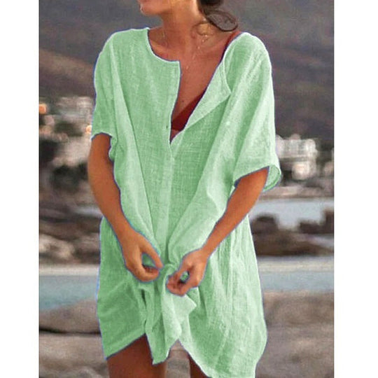 Damen Lässiges Strandkleid aus Leinen mit Knopfleiste und seitlichen Schlitzen