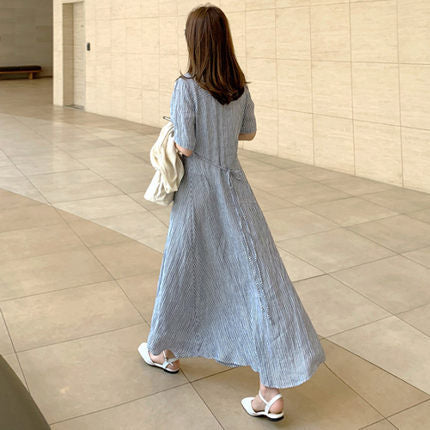 Damen Gestreiftes Hemdblusenkleid Maxi mit Kentkragen und seitlichem Beinschlitz Shop Nory