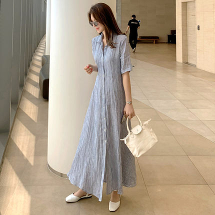 Damen Gestreiftes Hemdblusenkleid Maxi mit Kentkragen und seitlichem Beinschlitz Shop Nory