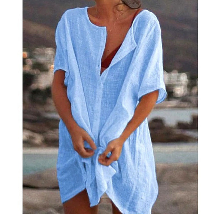 Damen Lässiges Strandkleid aus Leinen mit Knopfleiste und seitlichen Schlitzen